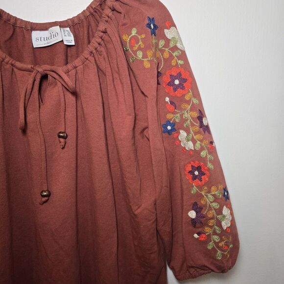 Denim & Co Floral Embroidered Milkmaid Babydoll Top Y2K Rust Brown 1X QVC Boho - Picture 2 of 7